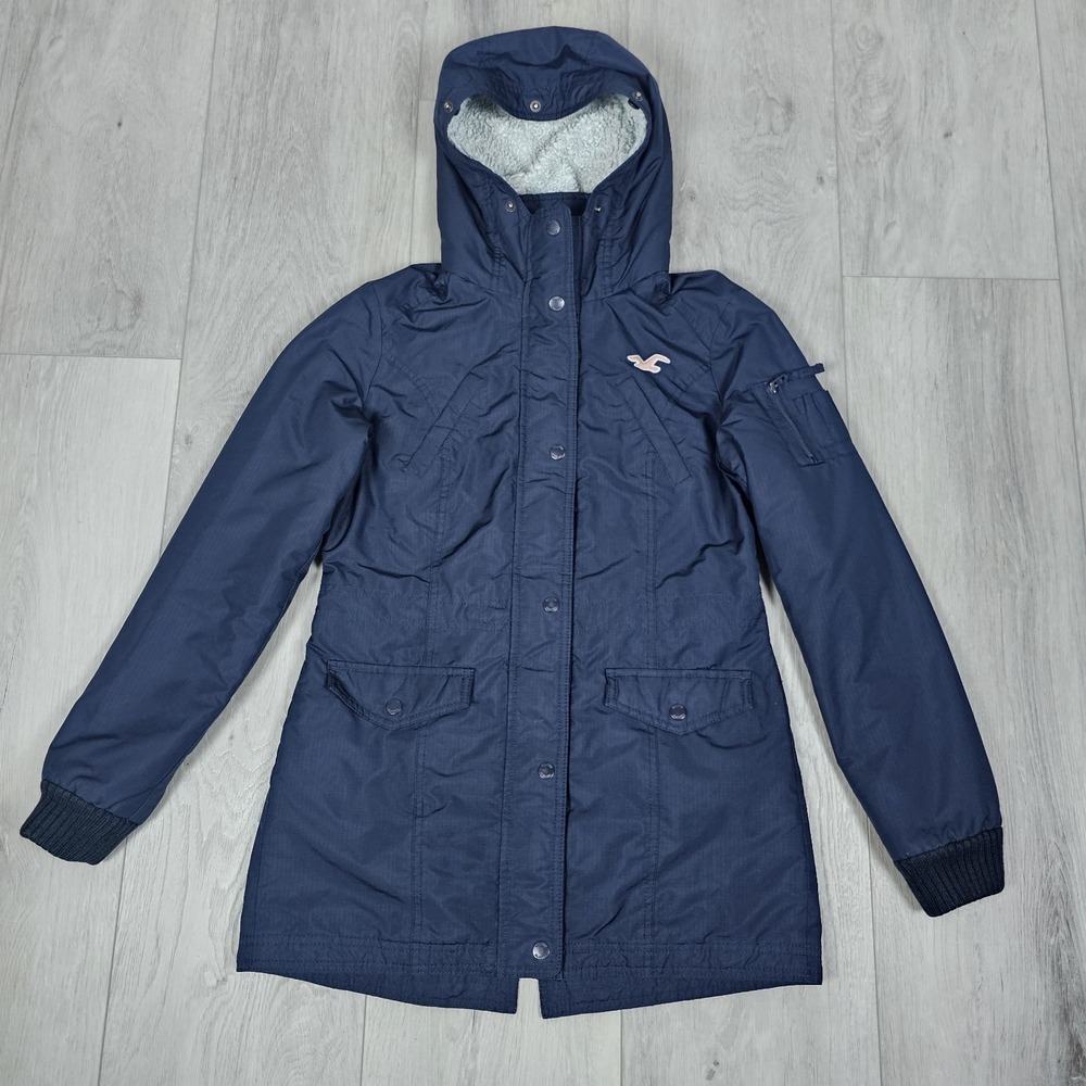 Hollister California All Weather Jacket Womens Small Blue Full Zip Sherpa Hoodie